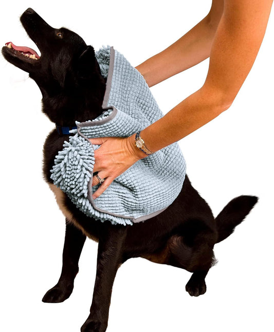 Soggy Doggy Super Shammy Microfiber Chenille Towel for Efficient Dog Drying and Paw Cleaning - Quick-Drying with Convenient Hand Pockets (Gray, 31” x 14”)
