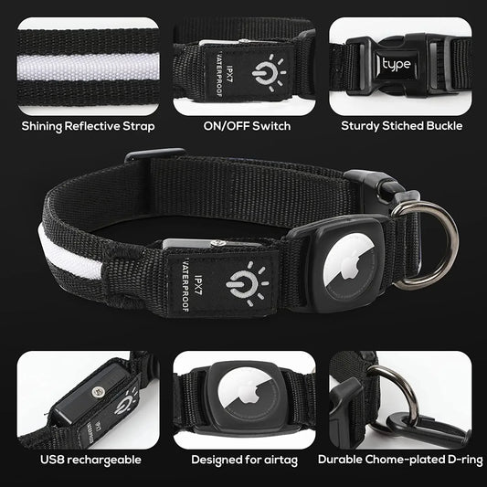 Led Dog Collar for Apple Airtag Finder Waterproof Light USB Chargeable Airtag Collar Pet Accessories for Puppy Medium Large Dogs