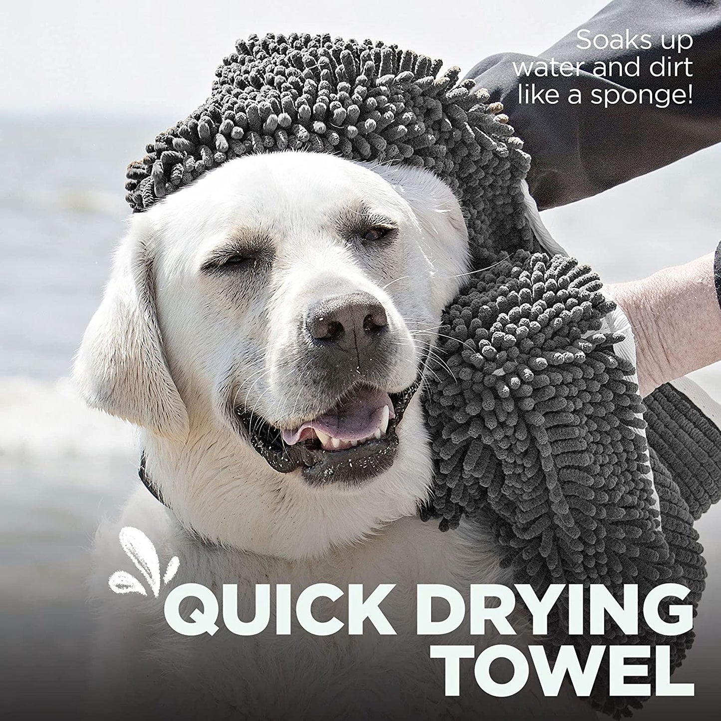 Soggy Doggy Super Shammy Microfiber Chenille Towel for Efficient Dog Drying and Paw Cleaning - Quick-Drying with Convenient Hand Pockets (Gray, 31” x 14”)