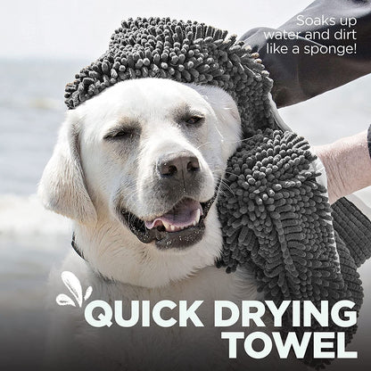 Soggy Doggy Super Shammy Microfiber Chenille Towel for Efficient Dog Drying and Paw Cleaning - Quick-Drying with Convenient Hand Pockets (Gray, 31” x 14”)