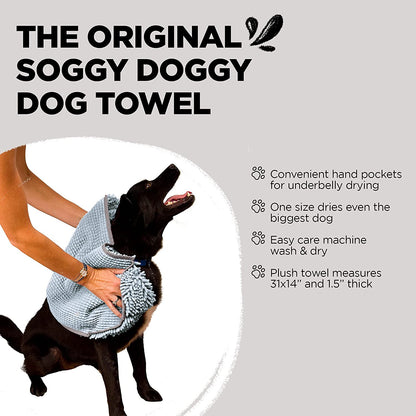 Soggy Doggy Super Shammy Microfiber Chenille Towel for Efficient Dog Drying and Paw Cleaning - Quick-Drying with Convenient Hand Pockets (Gray, 31” x 14”)