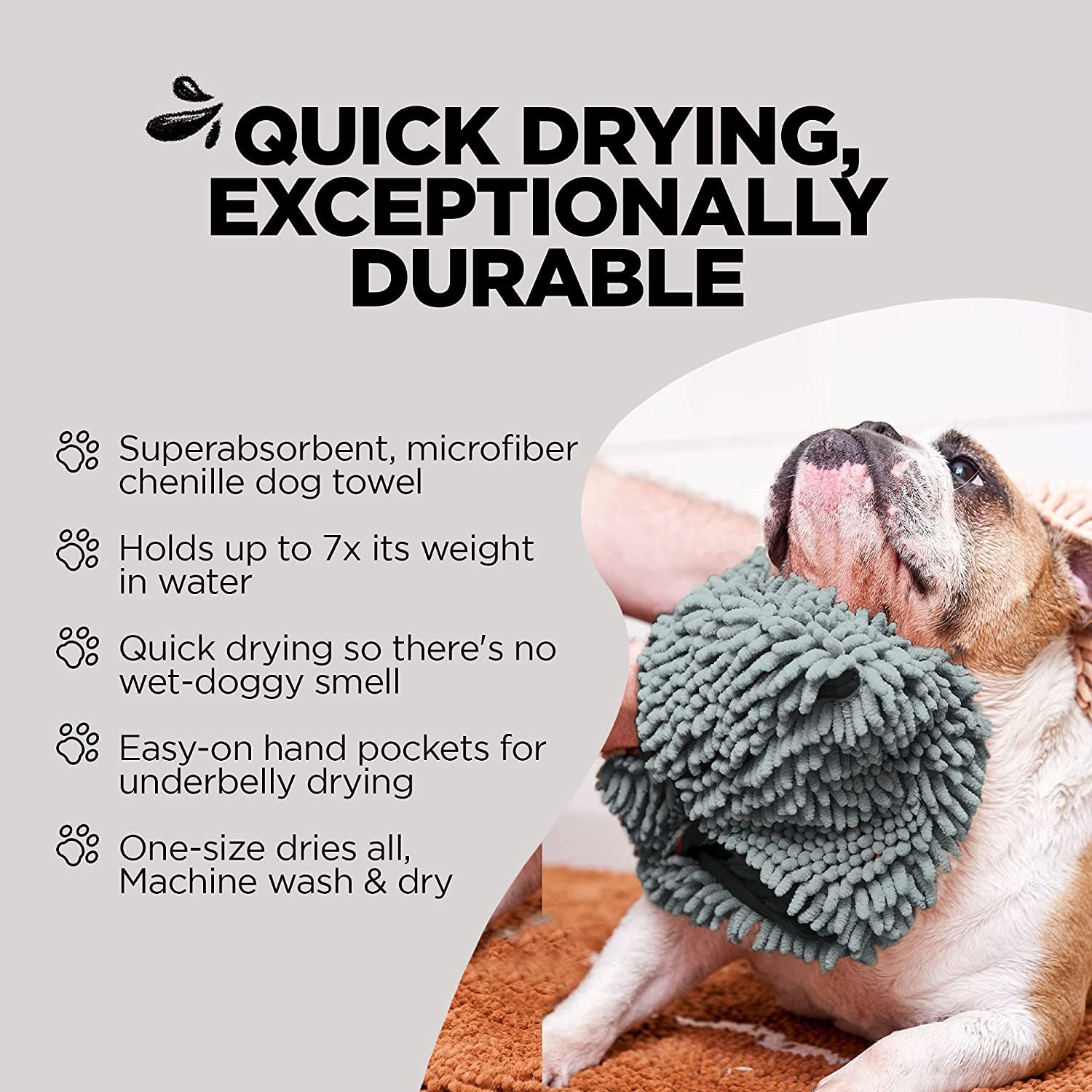 Soggy Doggy Super Shammy Microfiber Chenille Towel for Efficient Dog Drying and Paw Cleaning - Quick-Drying with Convenient Hand Pockets (Gray, 31” x 14”)