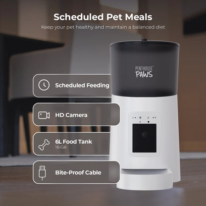 Smart Automatic Pet Feeder with 1080P Camera, 6L WiFi Dog & Cat Food Dispenser, App-Controlled Scheduled Feeding, 2-Way Audio, Backup Battery, Anti-Jam Technology, Easy-to-Clean Design, Black