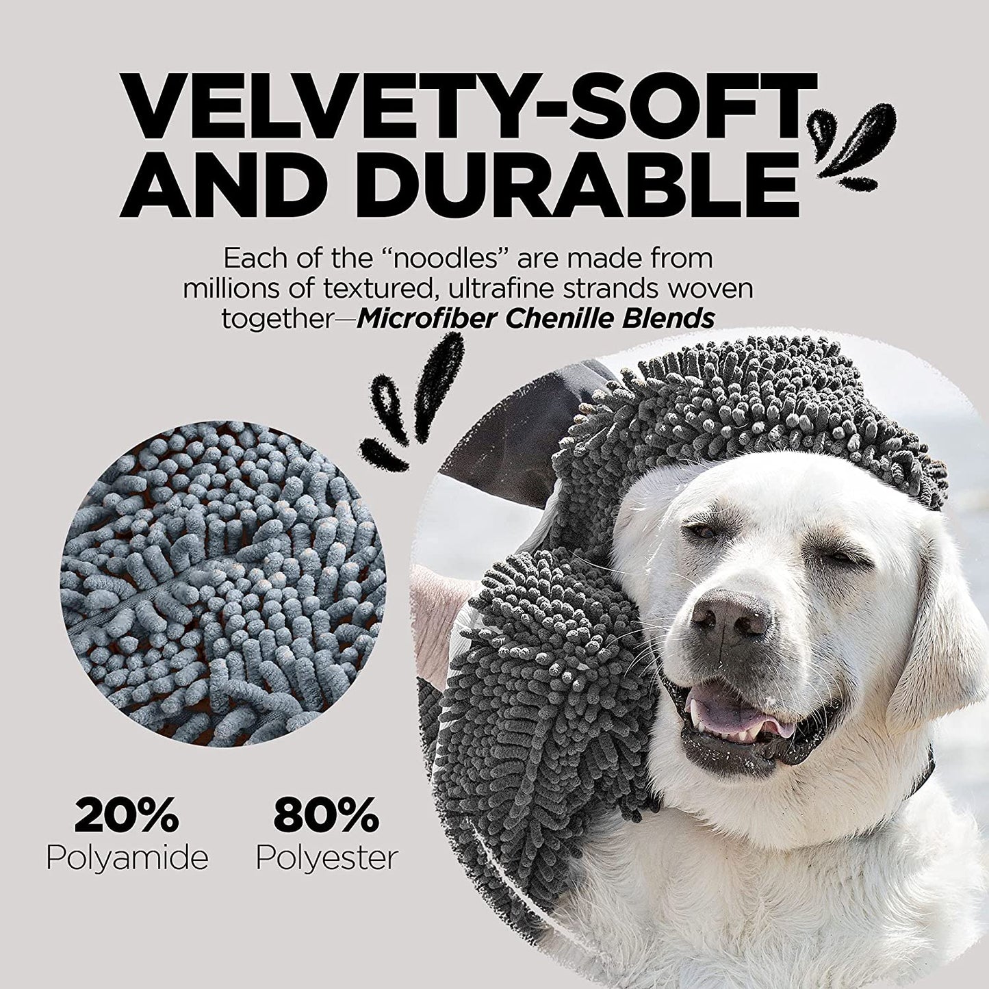 Soggy Doggy Super Shammy Microfiber Chenille Towel for Efficient Dog Drying and Paw Cleaning - Quick-Drying with Convenient Hand Pockets (Gray, 31” x 14”)