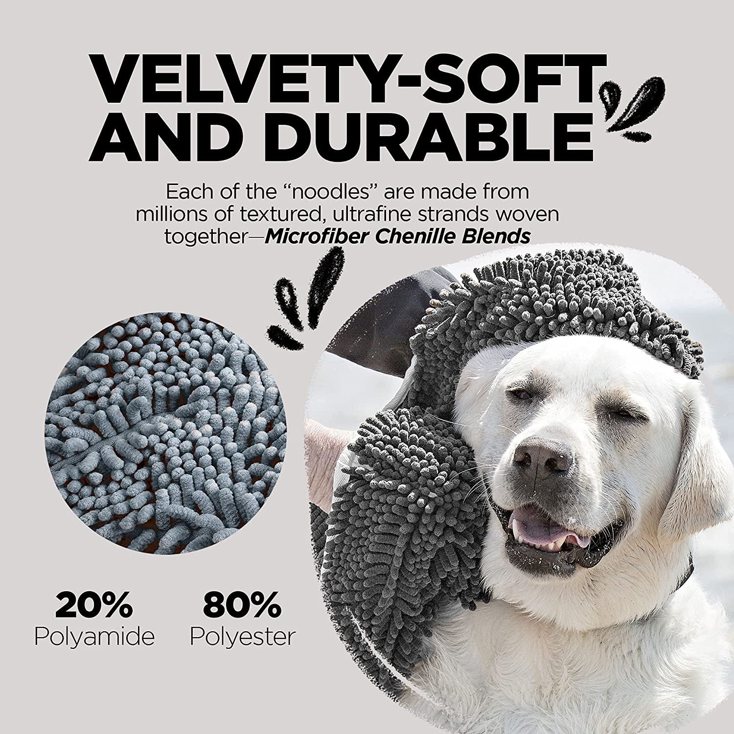 Soggy Doggy Super Shammy Microfiber Chenille Towel for Efficient Dog Drying and Paw Cleaning - Quick-Drying with Convenient Hand Pockets (Gray, 31” x 14”)